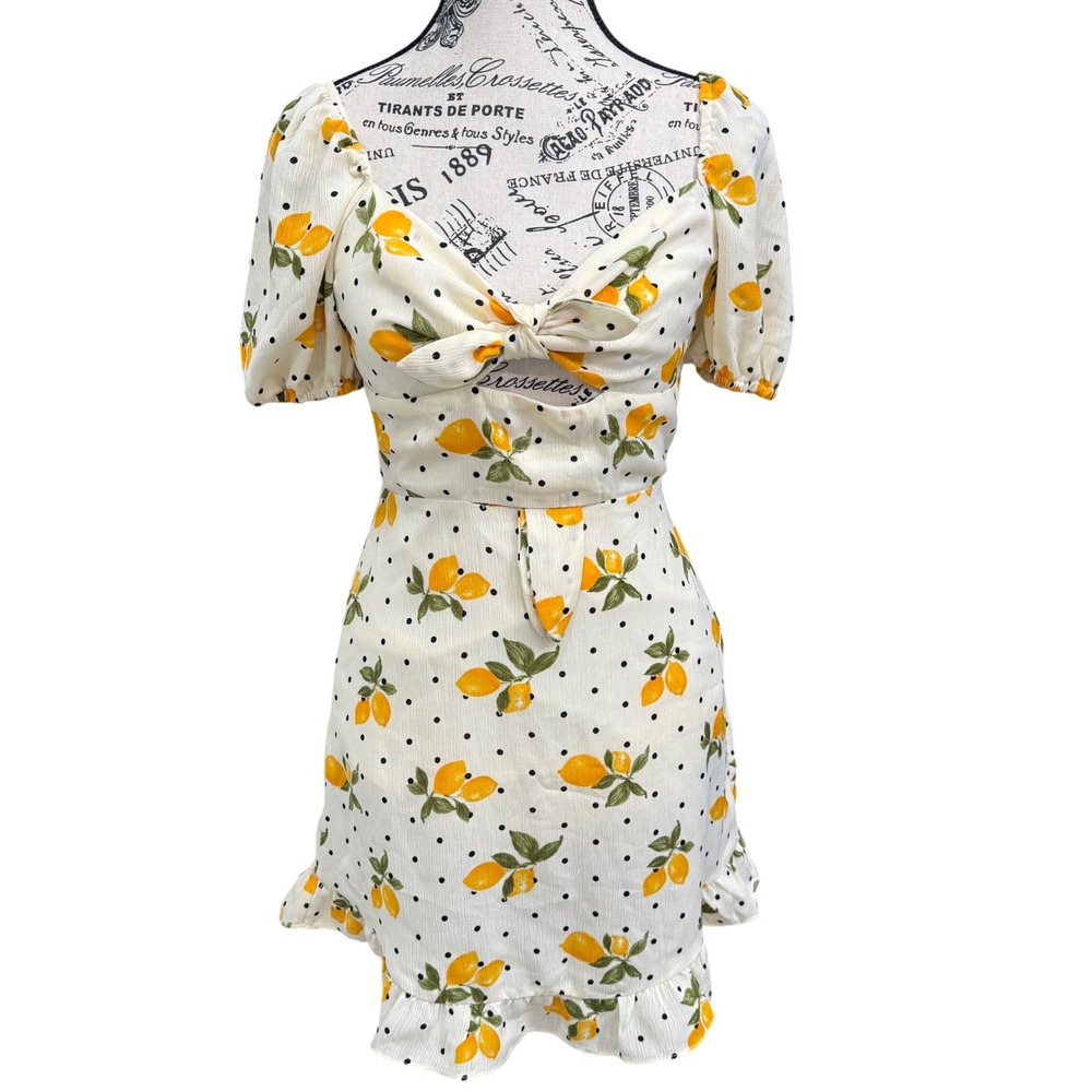 Lemon Print Mini Dress Sweetheart Neckline Ruffle Hem Short Sleeve‎ XS